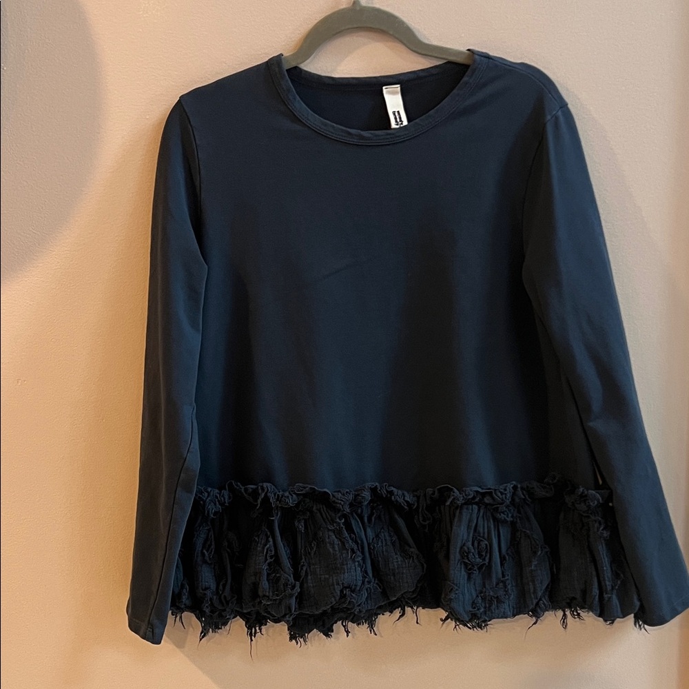 Elegant Navy Long Sleeve Top with Ruffle Hem bought in Portugal